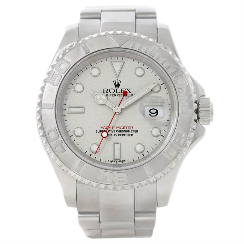 This image shows a front view of a Rolex Yacht-Master 16622 Men's Stainless Steel Silver Dial 16622 Men's Stainless Steel Silver Dial watch, highlighting the dial, bezel, and bracelet.