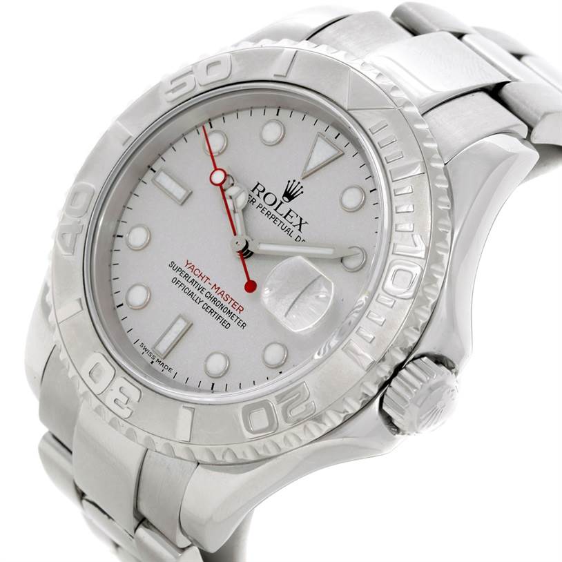 The image shows a close-up, angled view of the Rolex Yacht-Master 16622 Men's Stainless Steel Silver Dial 16622 Men's Stainless Steel Silver Dial watch, highlighting its bezel, dial, and bracelet.