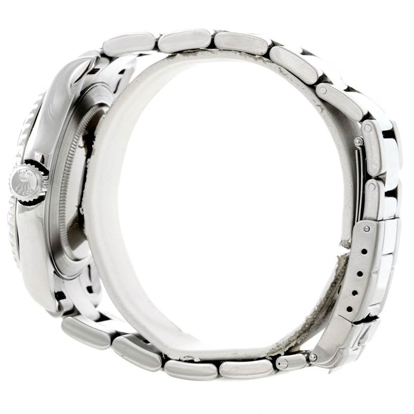 The image shows a side view of a Rolex Yacht-Master 16622 Men's Stainless Steel Silver Dial 16622 Men's Stainless Steel Silver Dial watch focusing on the bracelet, clasp, and crown.