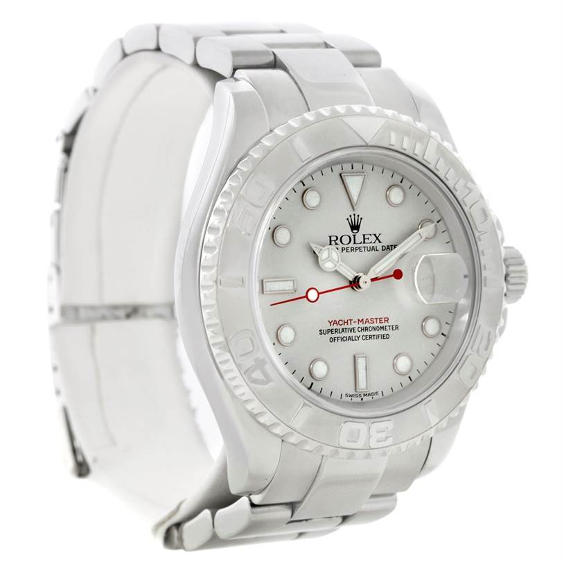 This image shows a Rolex Yacht-Master 16622 Men's Stainless Steel Silver Dial 16622 Men's Stainless Steel Silver Dial watch from an angled front view, highlighting the dial, bezel, and part of the bracelet.