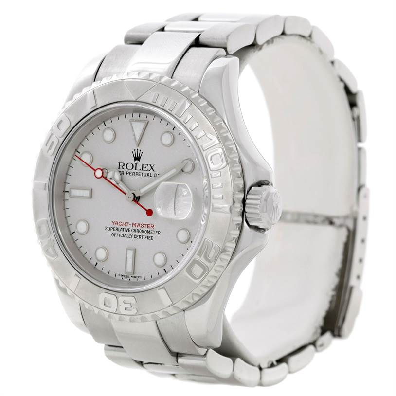 The Rolex Yacht-Master 16622 Men's Stainless Steel Silver Dial 16622 Men's Stainless Steel Silver Dial watch is shown from a slightly angled front view, displaying its dial, bezel, and part of the bracelet.