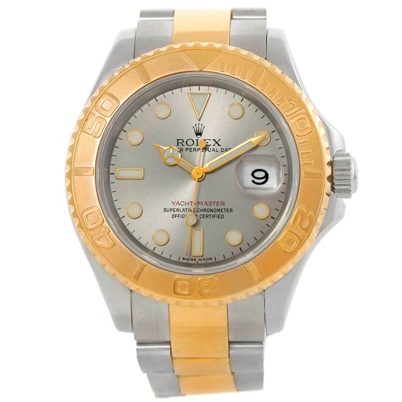 The image shows a front view of the Rolex Yacht-Master 16623 Men's Stainless Steel Grey Dial 16623 Men's Stainless Steel Grey Dial watch, highlighting its dial, bezel, and bracelet.