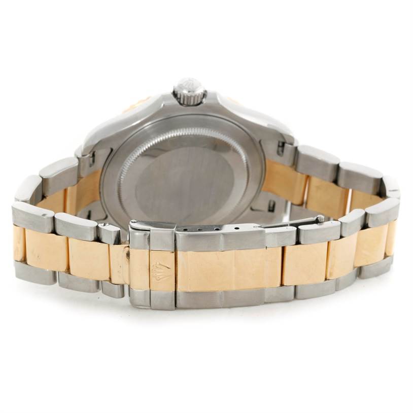 The image shows the back view of a Rolex Yacht-Master 16623 Men's Stainless Steel Grey Dial 16623 Men's Stainless Steel Grey Dial watch, highlighting the case, crown, and bicolored bracelet.