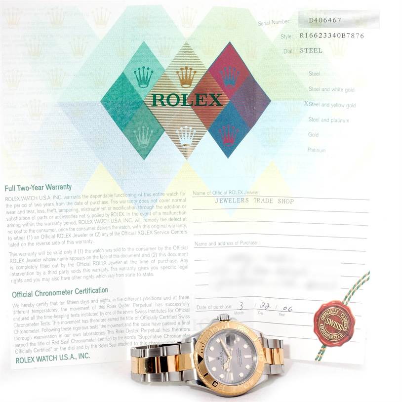 The image shows a Rolex Yacht-Master 16623 Men's Stainless Steel Grey Dial 16623 Men's Stainless Steel Grey Dial watch along with its warranty card and chronometer certification.