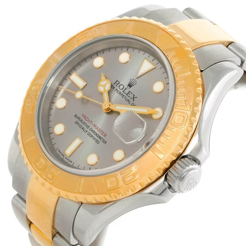 The image shows a Rolex Yacht-Master 16623 Men's Stainless Steel Grey Dial 16623 Men's Stainless Steel Grey Dial watch from an angled view, highlighting the bezel, dial, and part of the bracelet and crown.