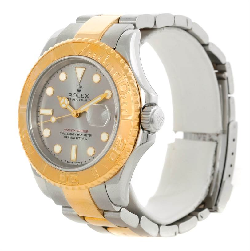 The Rolex Yacht-Master 16623 Men's Stainless Steel Grey Dial 16623 Men's Stainless Steel Grey Dial watch is shown at a three-quarter angle, highlighting the dial, bezel, crown, and bracelet.