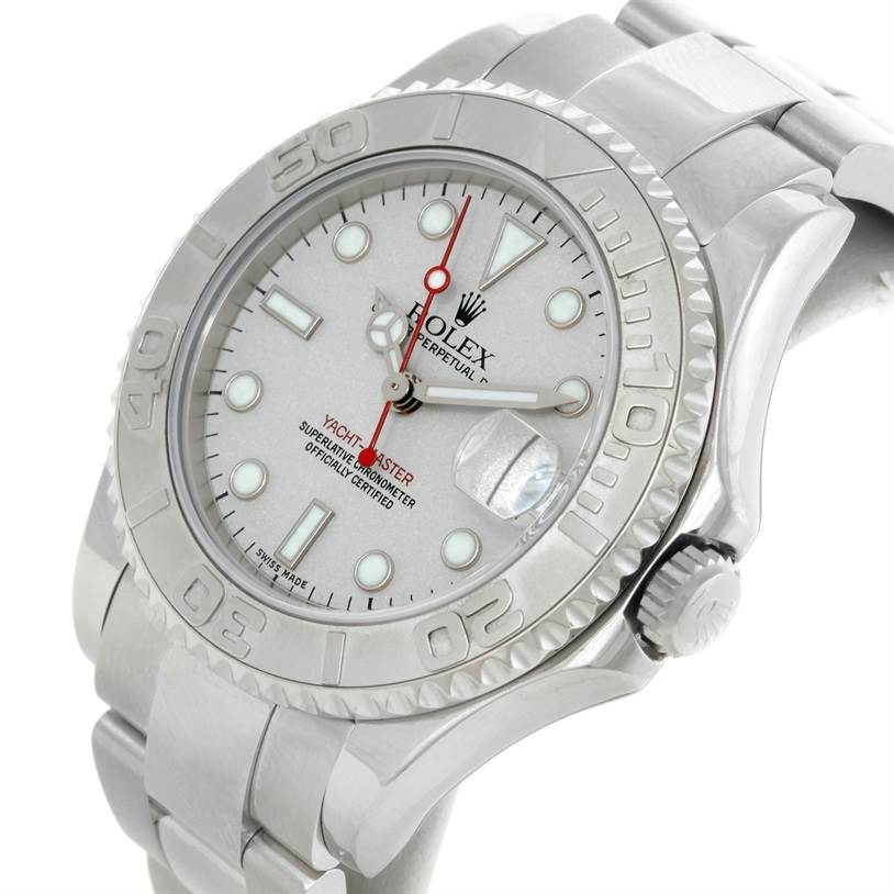 The Rolex Yacht-Master 168622 Stainless Steel Silver Dial 168622 Stainless Steel Silver Dial watch is shown at a slight angle, displaying its dial, bezel, and part of the bracelet.