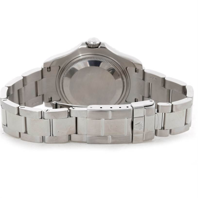 This image shows the back view of a Rolex Yacht-Master 168622 Stainless Steel Silver Dial 168622 Stainless Steel Silver Dial watch, featuring its clasp and bracelet.