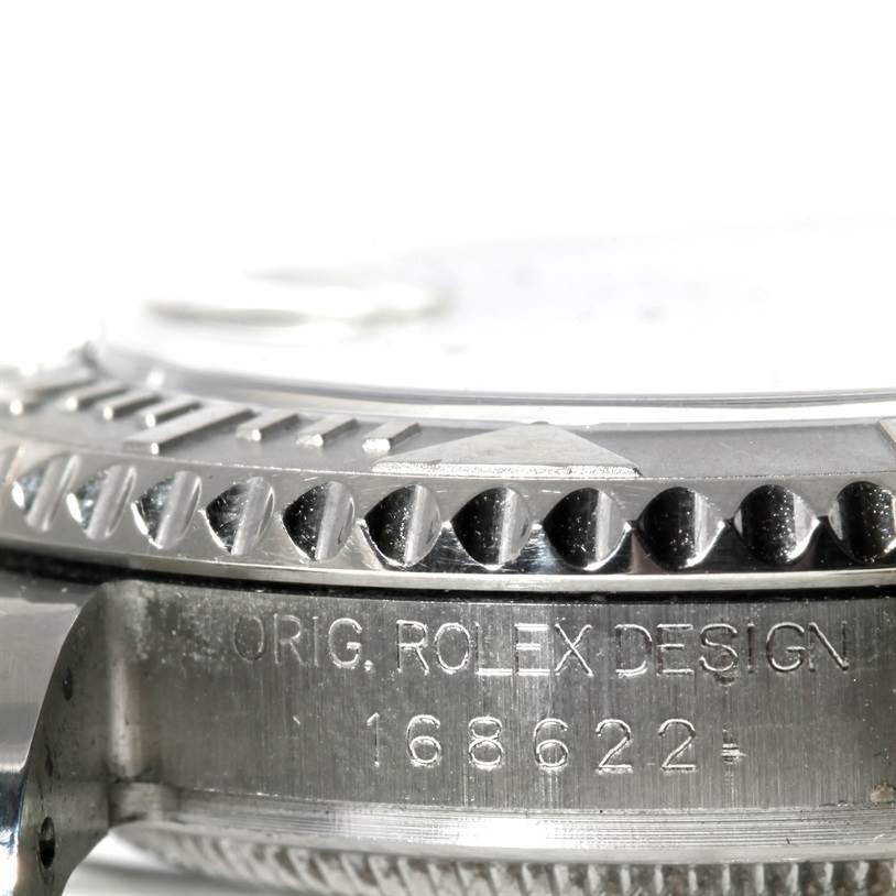 The image shows a close-up side view of the bezel and case of a Rolex Yacht-Master 168622 Stainless Steel Silver Dial 168622 Stainless Steel Silver Dial, highlighting the model number 168622.