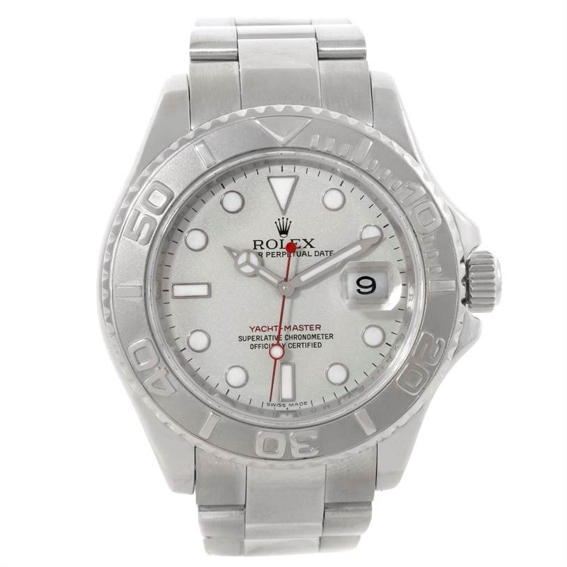 The Rolex Yacht-Master 16622 Men
s Stainless Steel Silver Dial 16622 Men
s Stainless Steel Silver Dial watch is shown from the front, displaying its face, bezel, and partial strap.