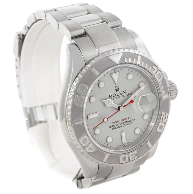 The image shows a close-up, angled view of the Rolex Yacht-Master 16622 Men
s Stainless Steel Silver Dial 16622 Men
s Stainless Steel Silver Dial watch, highlighting its dial, bezel, and bracelet.