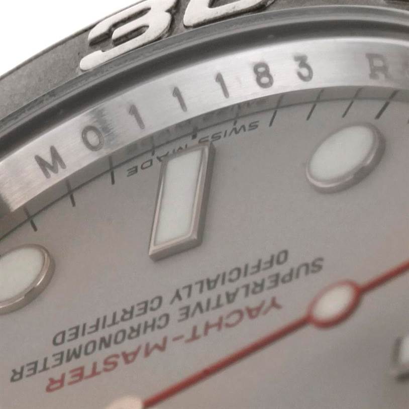 The image shows a close-up of the dial, bezel, and part of the chapter ring of a Rolex Yacht-Master 16622 Men
s Stainless Steel Silver Dial 16622 Men
s Stainless Steel Silver Dial watch.