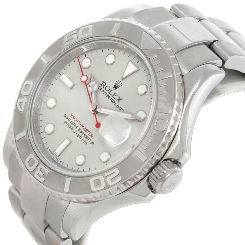 The image shows a Rolex Yacht-Master 16622 Men
s Stainless Steel Silver Dial 16622 Men
s Stainless Steel Silver Dial watch from an angled view, highlighting the dial, bezel, and partial bracelet.