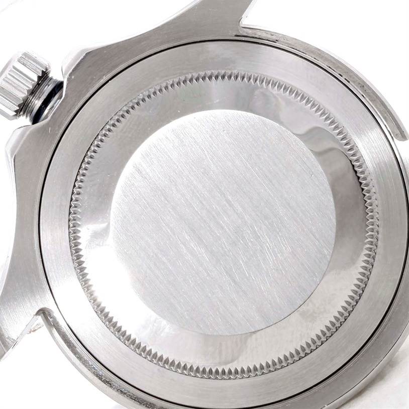 This image shows the case back of a Rolex Yacht-Master 16622 Men's Stainless Steel Silver Dial 16622 Men's Stainless Steel Silver Dial watch, with the crown also partially visible.