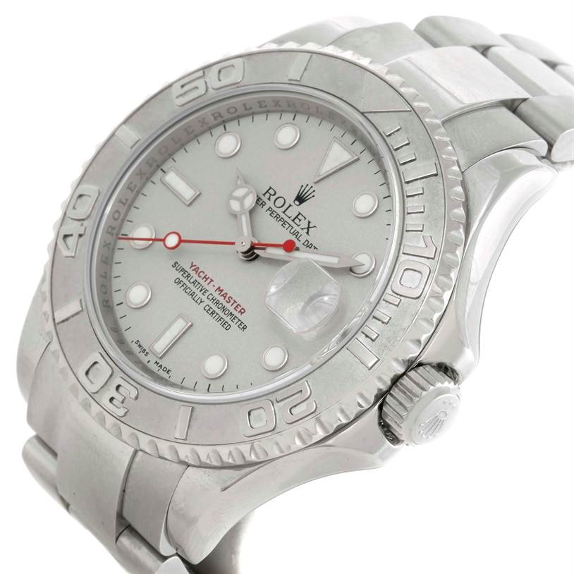 The image shows the Rolex Yacht-Master 16622 Men's Stainless Steel Silver Dial 16622 Men's Stainless Steel Silver Dial watch from a front-right angle, highlighting the bezel, dial, and crown.