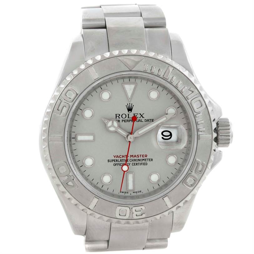 The image shows a front view of a Rolex Yacht-Master 16622 Men's Stainless Steel Silver Dial 16622 Men's Stainless Steel Silver Dial watch, displaying its face, bezel, and part of the bracelet.