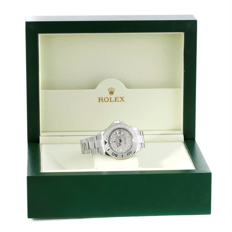 The Rolex Yacht-Master 16622 Men's Stainless Steel Silver Dial 16622 Men's Stainless Steel Silver Dial watch is displayed front-facing inside an open green Rolex box.