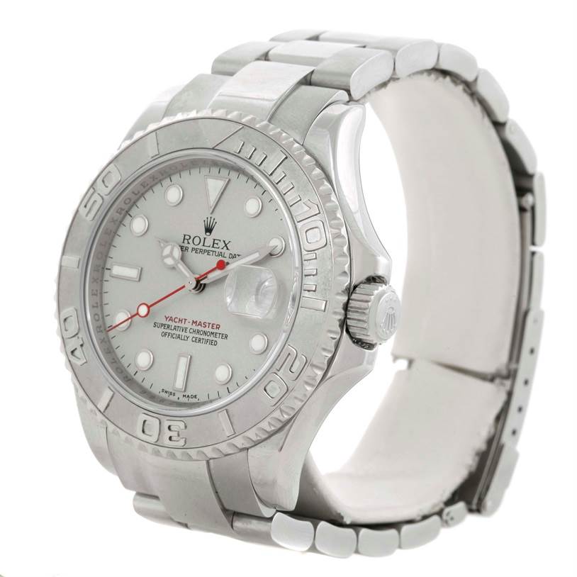 This image shows a Rolex Yacht-Master 16622 Men's Stainless Steel Silver Dial 16622 Men's Stainless Steel Silver Dial watch from an angled front view, displaying the dial, bezel, crown, and bracelet.