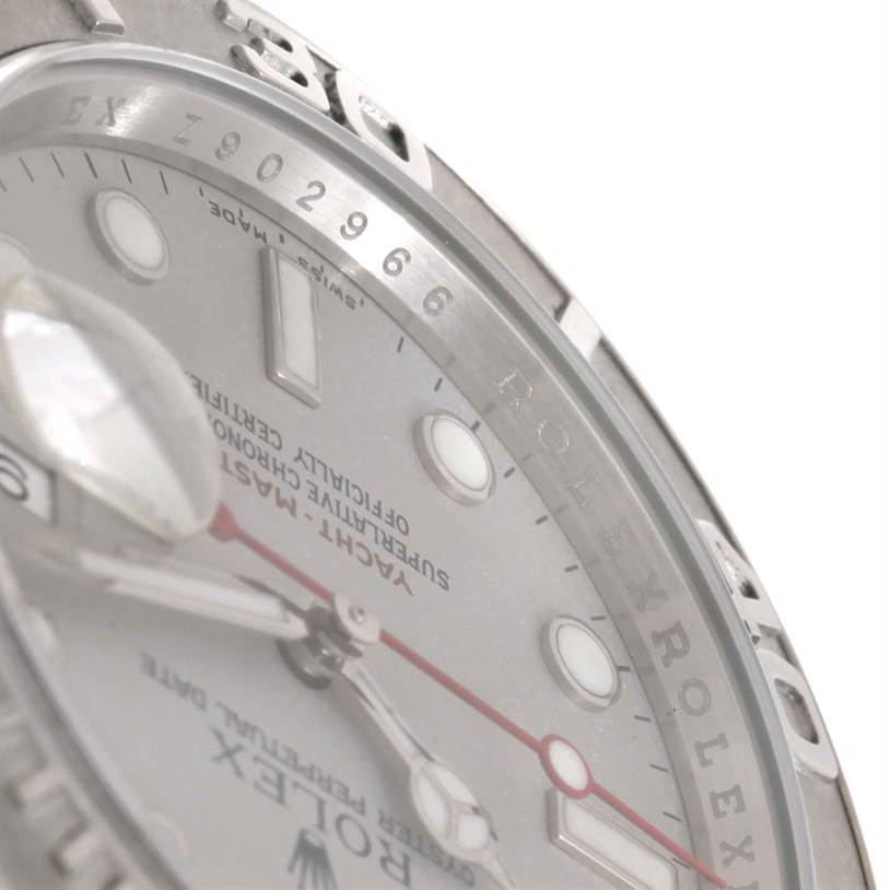 The close-up shows the bezel, part of the dial, and hands of the Rolex Yacht-Master 16622 Men's Stainless Steel Silver Dial 16622 Men's Stainless Steel Silver Dial watch from an angled perspective.