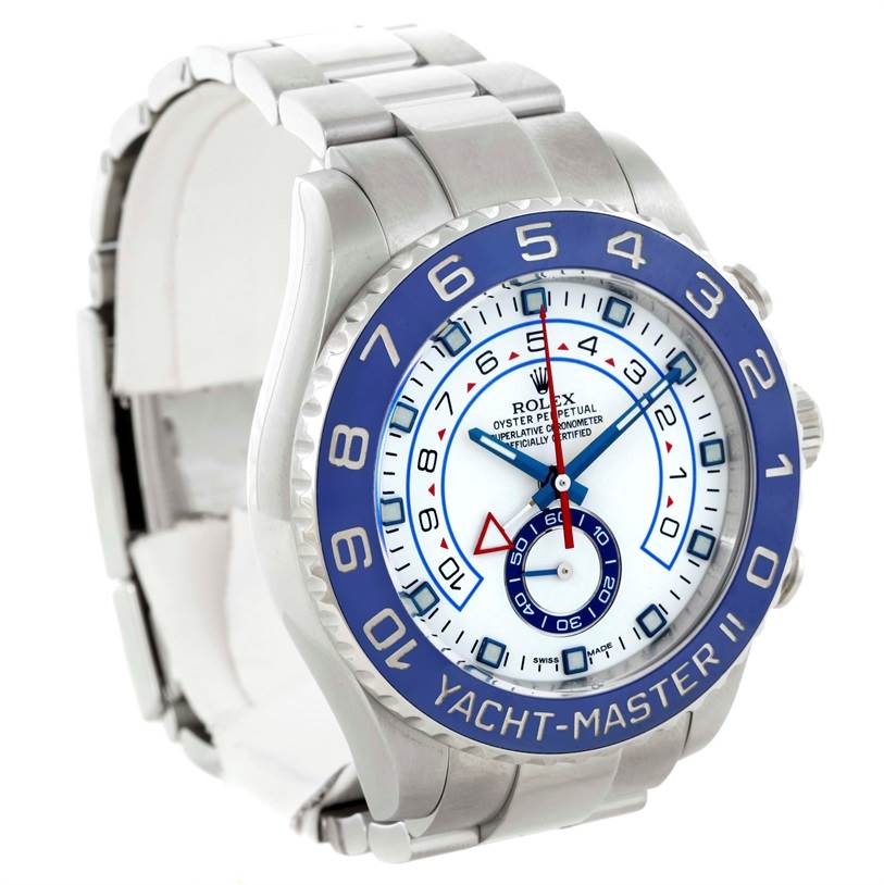 The image shows a Rolex Yacht-Master 116680 Men
s Stainless Steel White Dial 116680 Men
s Stainless Steel White Dial watch at a three-quarter angle, highlighting its face, bezel, and part of the bracelet.