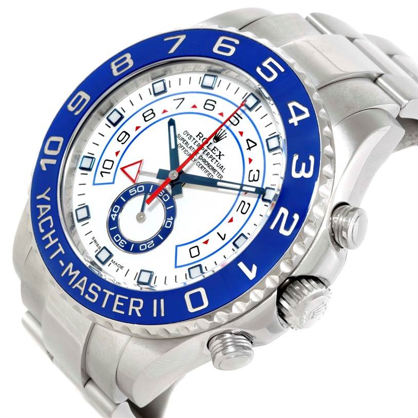 The image shows a close-up, angled view of the Rolex Yacht-Master 116680 Men
s Stainless Steel White Dial 116680 Men
s Stainless Steel White Dial II watch, showcasing the dial, bezel, and part of the bracelet.