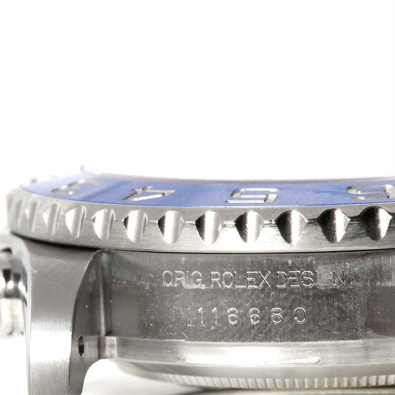 This image shows a close-up side view of a Rolex Yacht-Master 116680 Men
s Stainless Steel White Dial 116680 Men
s Stainless Steel White Dial watch, focusing on the bezel and the engraved model number 116680.