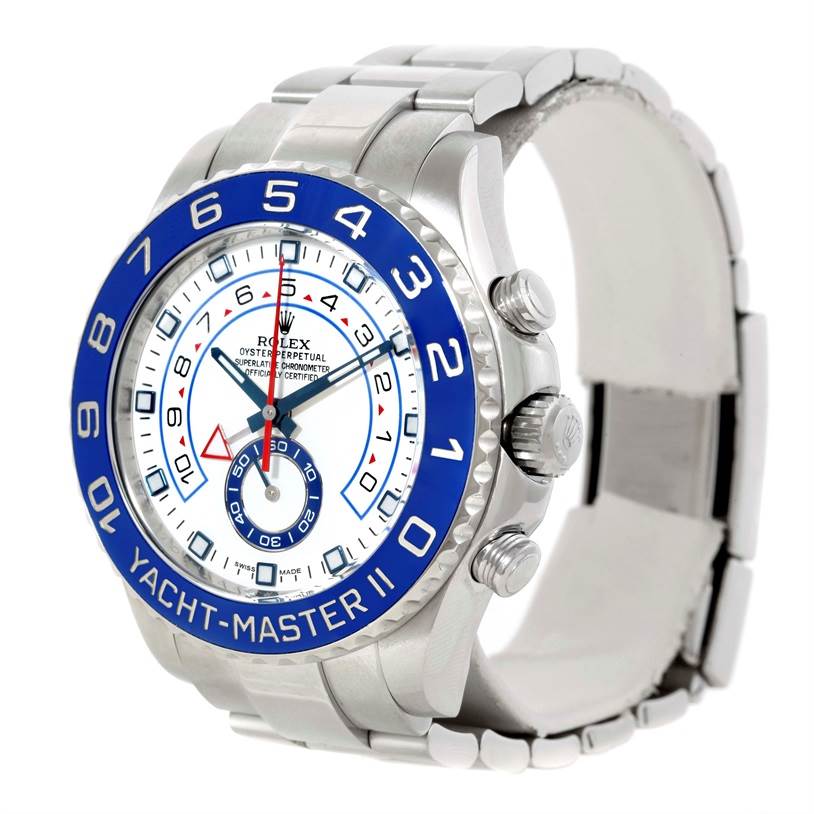 The image shows a Rolex Yacht-Master 116680 Men
s Stainless Steel White Dial 116680 Men
s Stainless Steel White Dial II watch at a 3/4 angle, highlighting its blue bezel, crown, and strap.