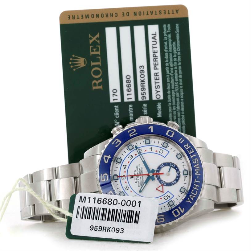 The image shows a Rolex Yacht-Master 116680 Men
s Stainless Steel White Dial 116680 Men
s Stainless Steel White Dial watch from a front angle with its bracelet, accompanying tags, and certification card.