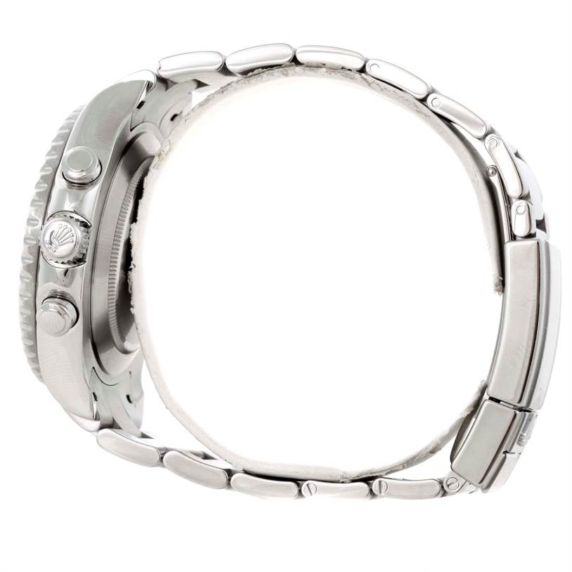 The image shows a side view of a Rolex Yacht-Master 116680 Men
s Stainless Steel White Dial 116680 Men
s Stainless Steel White Dial watch, highlighting the bezel, crown, pushers, and bracelet.