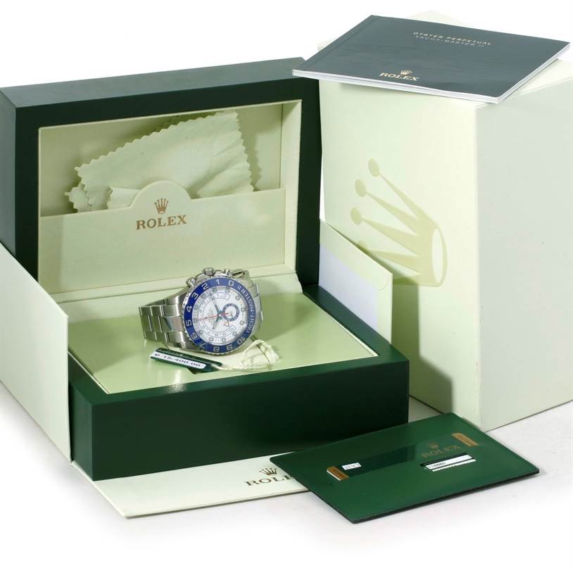 The Rolex Yacht-Master 116680 Men
s Stainless Steel White Dial 116680 Men
s Stainless Steel White Dial watch is shown in an open box, featuring the watch, a polishing cloth, and accompanying documents.