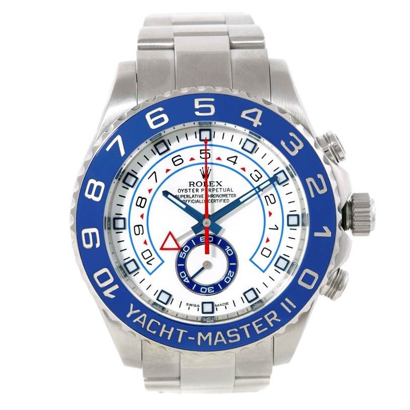 The image shows a front view of the Rolex Yacht-Master 116680 Men
s Stainless Steel White Dial 116680 Men
s Stainless Steel White Dial II watch, highlighting the dial, bezel, and crown.