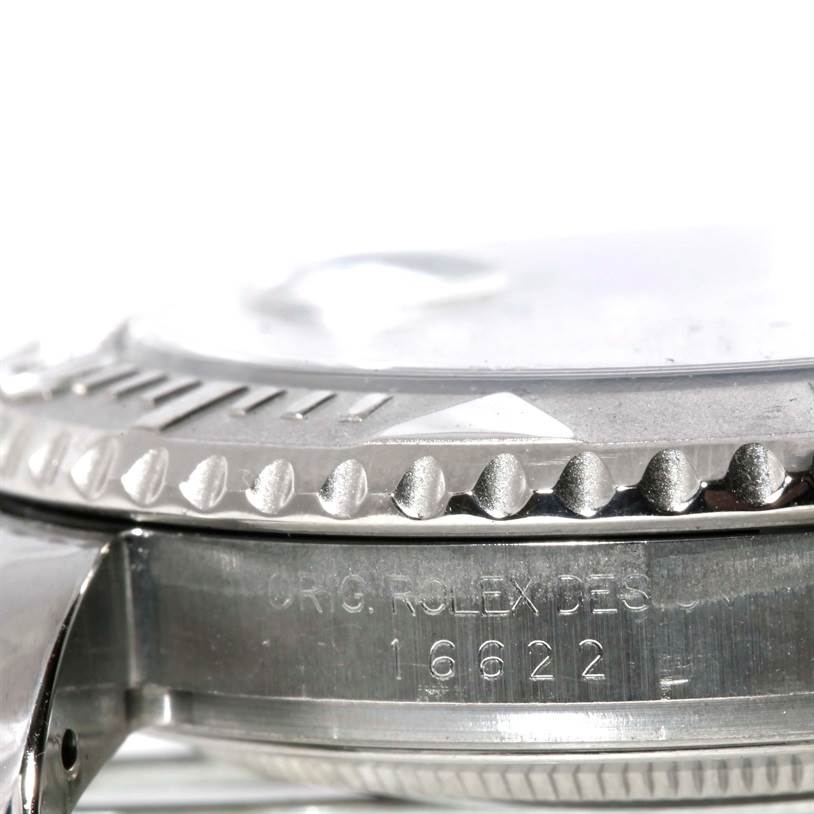 The image shows a close-up side view of the bezel and case with the model number 16622 engraved on the Rolex Yacht-Master 16622 Men's Stainless Steel Silver Dial 16622 Men's Stainless Steel Silver Dial watch.