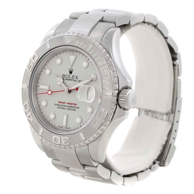 The Rolex Yacht-Master 16622 Men's Stainless Steel Silver Dial 16622 Men's Stainless Steel Silver Dial watch is shown from a three-quarter angle, displaying the face, bezel, crown, and part of the bracelet.