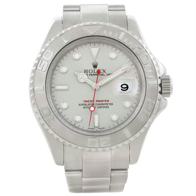 The image shows a front view of the Rolex Yacht-Master 16622 Men's Stainless Steel Silver Dial 16622 Men's Stainless Steel Silver Dial watch, displaying the dial, bezel, crown, and band.