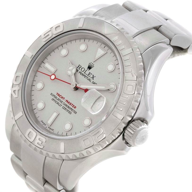 The Rolex Yacht-Master 16622 Men's Stainless Steel Silver Dial 16622 Men's Stainless Steel Silver Dial watch is shown at an angled view, displaying parts of its face, bezel, crown, and bracelet.