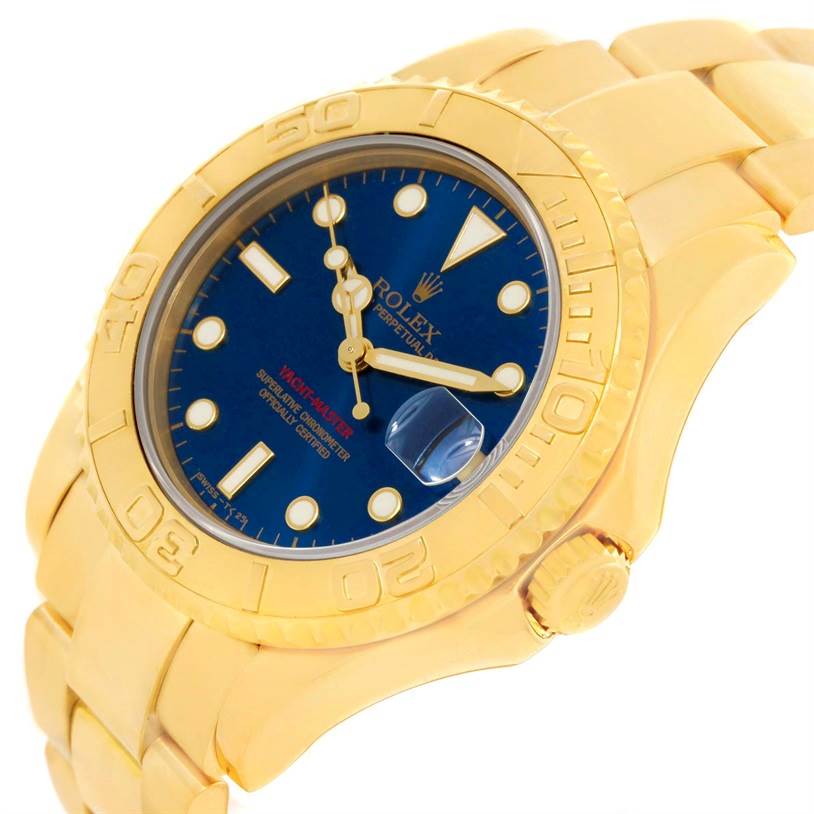 The image shows a gold Rolex Yacht-Master 68628 Men
s Yellow Gold Blue Dial 68628 Men
s Yellow Gold Blue Dial watch at a slightly angled side view, highlighting the bezel, crown, and bracelet.