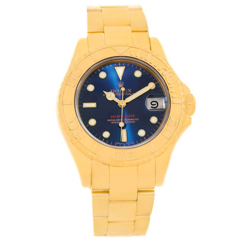 The Rolex Yacht-Master 68628 Men
s Yellow Gold Blue Dial 68628 Men
s Yellow Gold Blue Dial watch is shown from the front, highlighting its gold bracelet, blue dial, and date cyclops feature.