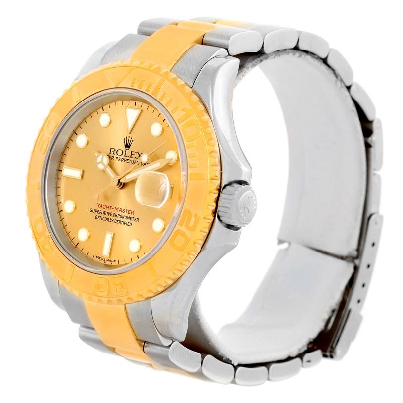 This is a side-angle view of a Rolex Yacht-Master 16623 Men's Stainless Steel Champagne Dial 16623 Men's Stainless Steel Champagne Dial watch, showing the bezel, crown, dial, and part of the bracelet.