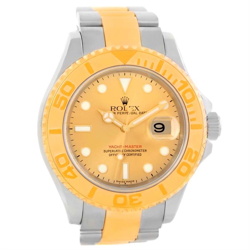 The Rolex Yacht-Master 16623 Men's Stainless Steel Champagne Dial 16623 Men's Stainless Steel Champagne Dial watch is shown from a front angle, displaying the dial, bezel, and part of the bracelet.