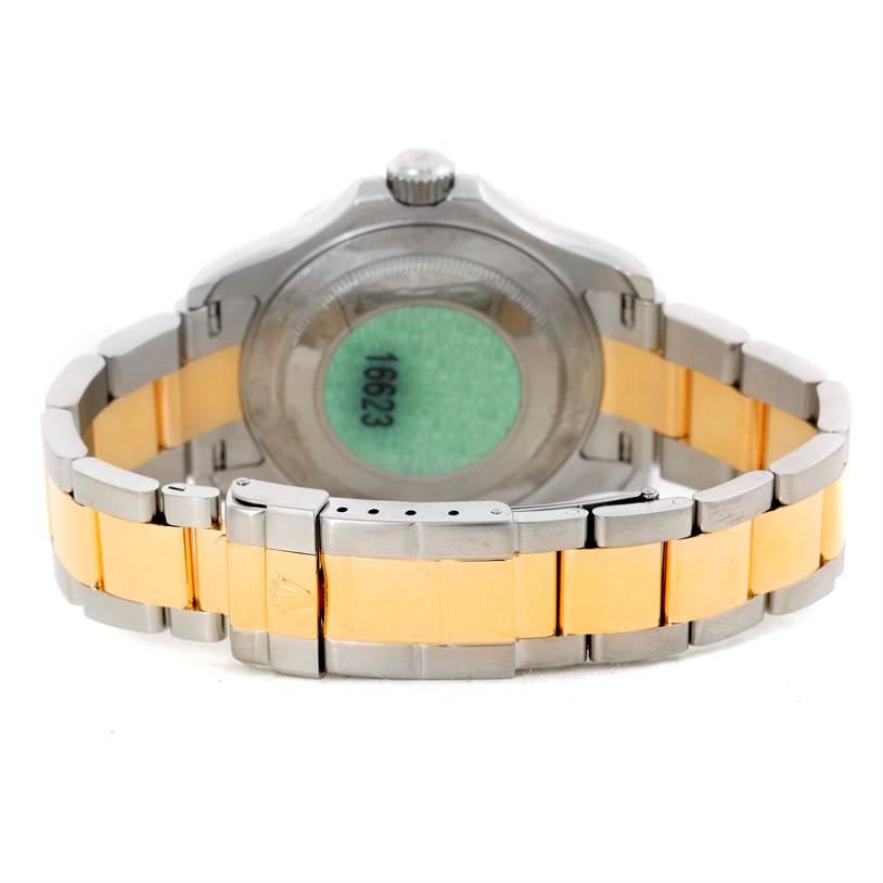 This image shows the back and bracelet of the Rolex Yacht-Master 16623 Men's Stainless Steel Champagne Dial 16623 Men's Stainless Steel Champagne Dial watch, focusing on the clasp and case back.