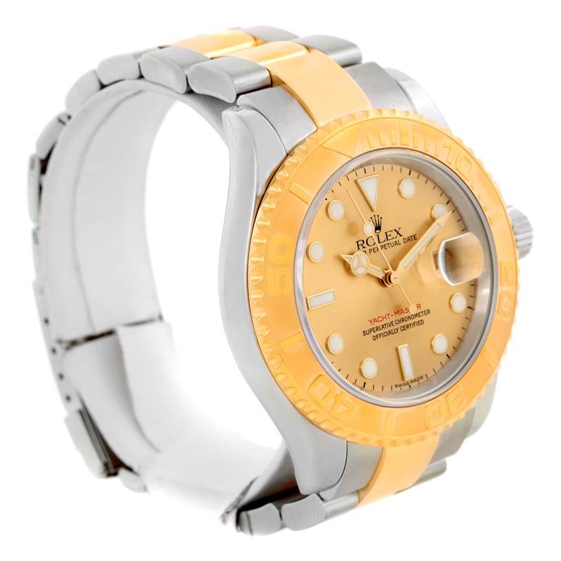 The image shows a Rolex Yacht-Master 16623 Men's Stainless Steel Champagne Dial 16623 Men's Stainless Steel Champagne Dial watch at a three-quarter angle, highlighting its gold bezel, dial, and two-tone bracelet.