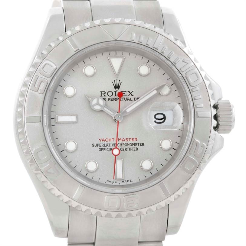 This image shows a frontal view of a Rolex Yacht-Master 16622 Men's Stainless Steel Silver Dial 16622 Men's Stainless Steel Silver Dial, displaying the face, bezel, and part of the metal bracelet band.