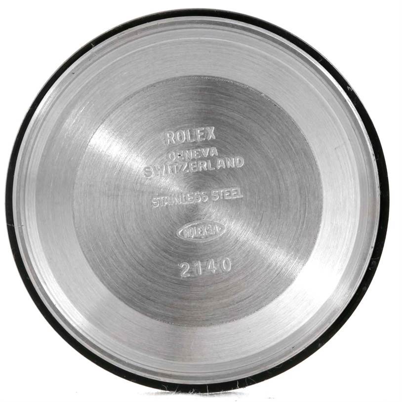 This image shows the inside of the case back for a Rolex Air-King 14000 Men's Stainless Steel Black Dial 14000 Men's Stainless Steel Black Dial watch, made of stainless steel with engraved text.