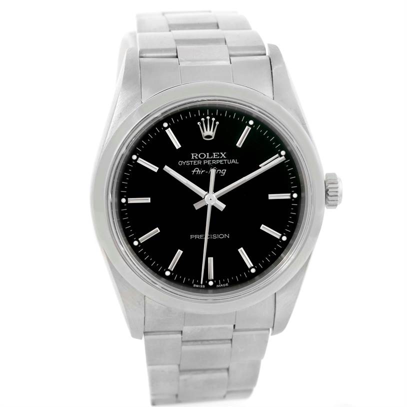 The image shows a front view of the Rolex Air-King 14000 Men's Stainless Steel Black Dial 14000 Men's Stainless Steel Black Dial watch, highlighting its black dial, crown, and stainless steel bracelet.