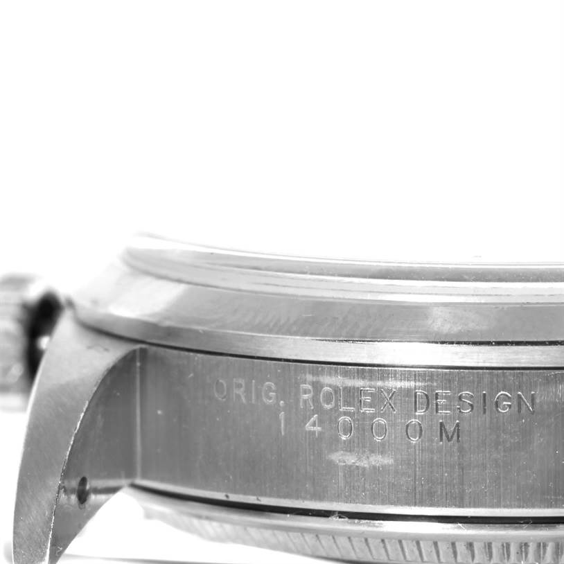 This close-up image shows the side profile of a Rolex Air-King 14000 Men's Stainless Steel Black Dial 14000 Men's Stainless Steel Black Dial watch, highlighting the model number "14000M."