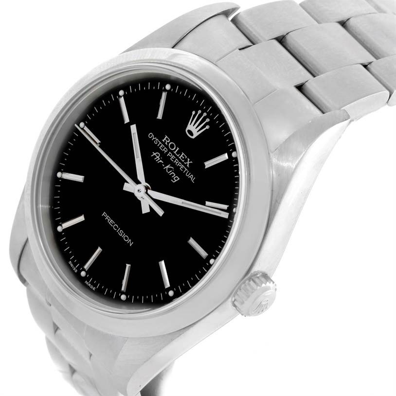 The image shows a side view of a Rolex Air-King 14000 Men's Stainless Steel Black Dial 14000 Men's Stainless Steel Black Dial watch, highlighting the black dial, crown, and stainless steel bracelet.
