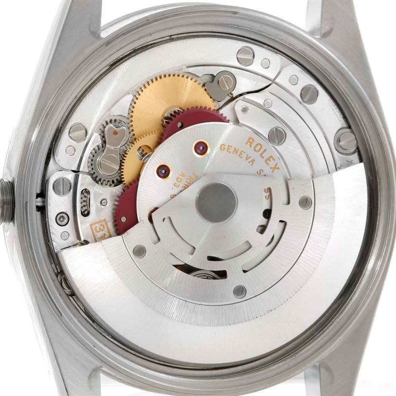 The image shows the internal mechanism and movement components of the Rolex Air-King 14000 Men's Stainless Steel Black Dial 14000 Men's Stainless Steel Black Dial watch from a rear angle.