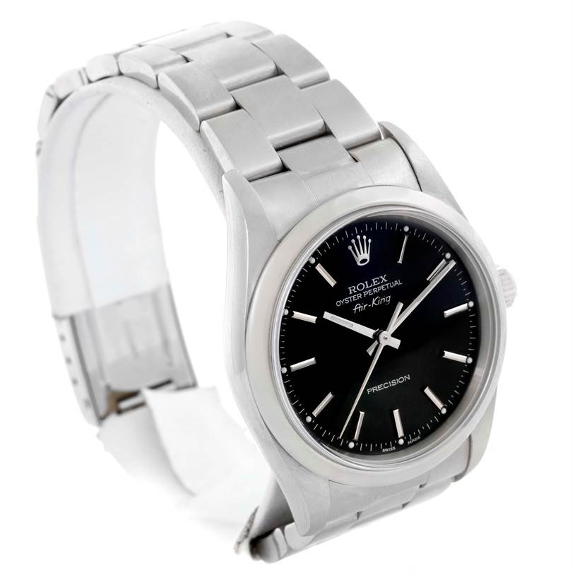 The image shows the front and side angle of a Rolex Air-King 14000 Men's Stainless Steel Black Dial 14000 Men's Stainless Steel Black Dial watch, highlighting the bracelet, bezel, and dial.