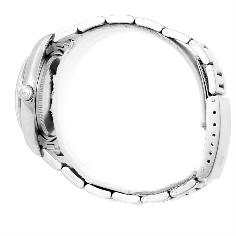 The image shows a side view of the Rolex Air-King 14000 Men's Stainless Steel Black Dial 14000 Men's Stainless Steel Black Dial watch, highlighting its crown, case, and bracelet.