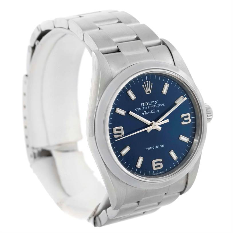 The Rolex Air-King 14000 Men's Stainless Steel Blue Dial 14000 Men's Stainless Steel Blue Dial watch is shown at an angled view displaying its face, bracelet, and side profile.